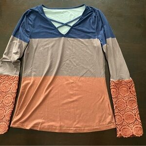 Blue and Tan Graphic Blouse with Cut Out Details